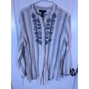 Style & co. Womens Button Down Shirt Embroidered Yoke Striped‎ White XL